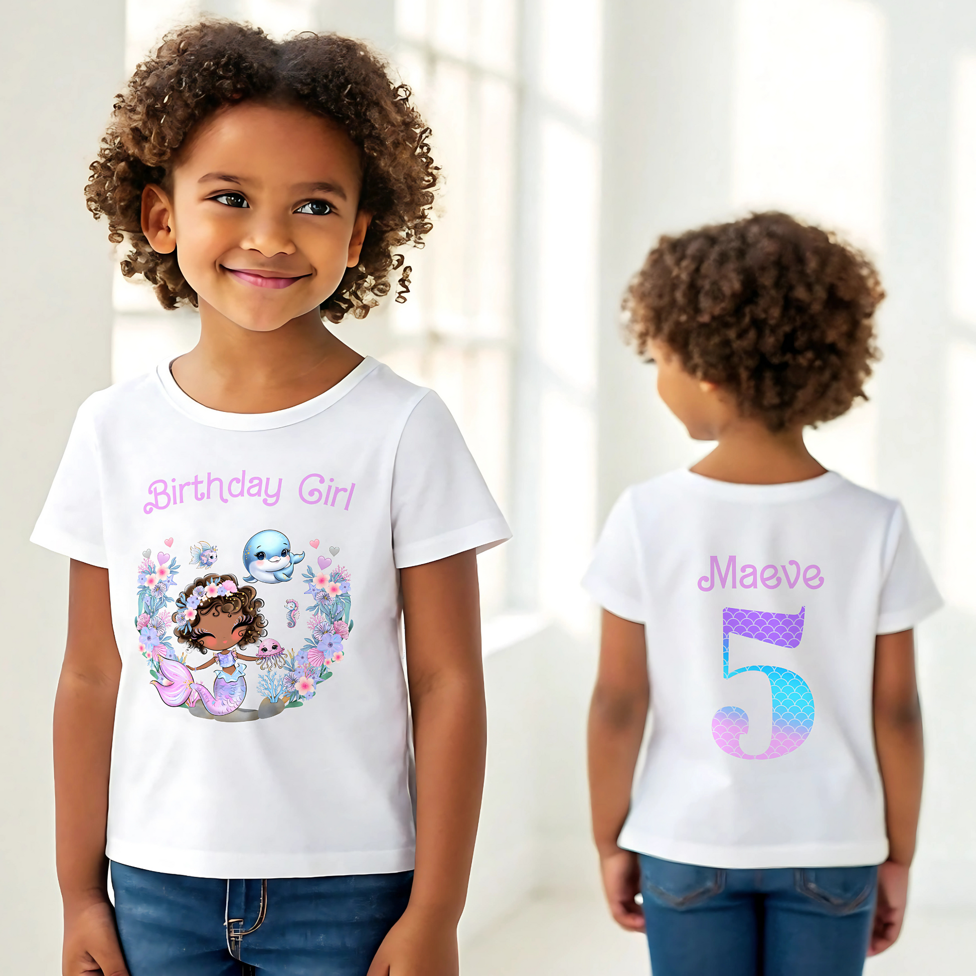 Mermaid Birthday T-shirt for Girls with personalisation: A vibrant and magical T-shirt designed for a girl's birthday celebration, featuring a glitter-like mermaid print on both the front and back. The shirt can be personalised with the birthday girl's name for a special touch: Personalized, Girls, Glitter-like, Mermaid, Birthday, T-shirt, Front and Back Print, Girls mermaid birthday gift