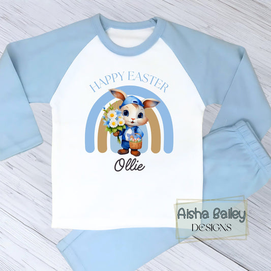 Personalised Easter Pyjamas for boys with their custom name. Easter gift with white Easter bunny