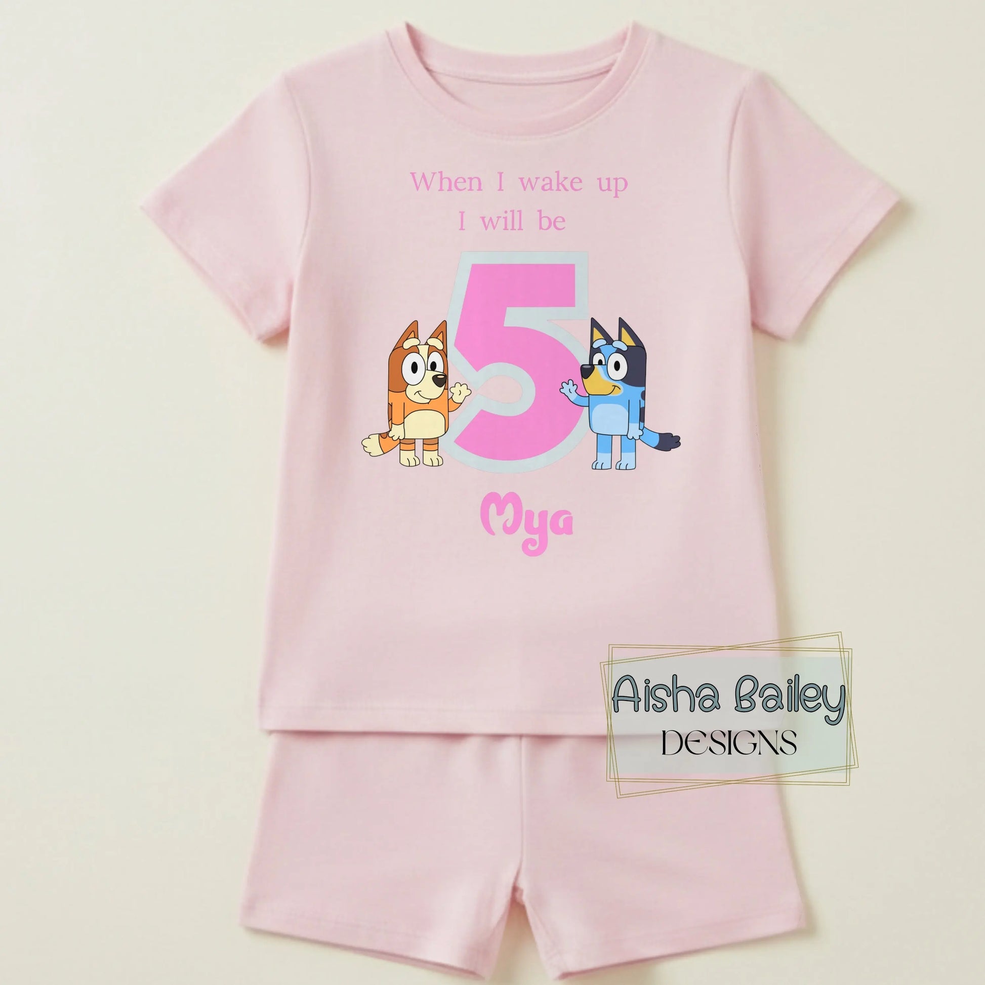 Personalised Bluey and Bingo Short birthday pyjamas with their custom name and age