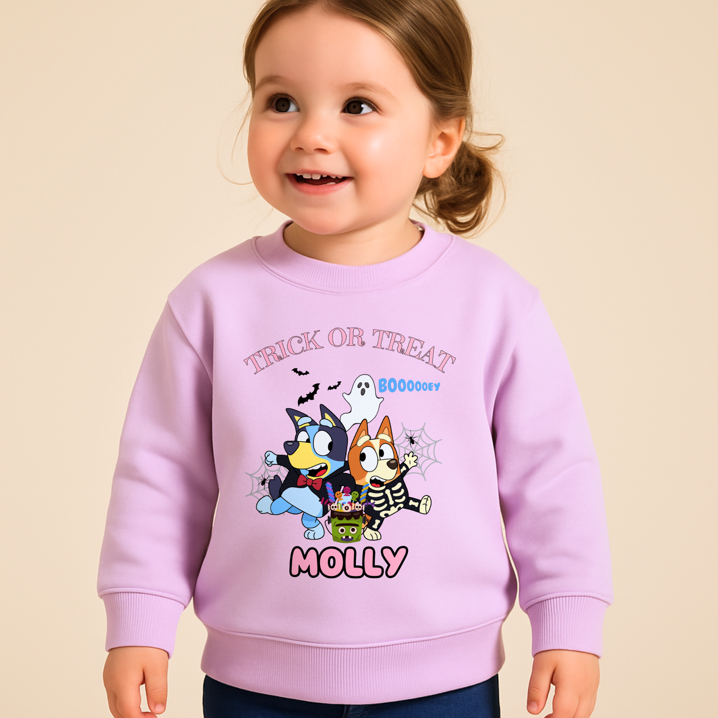 Personalised Halloween sweatshirt with Bluey and Bingo design and custom name for kids