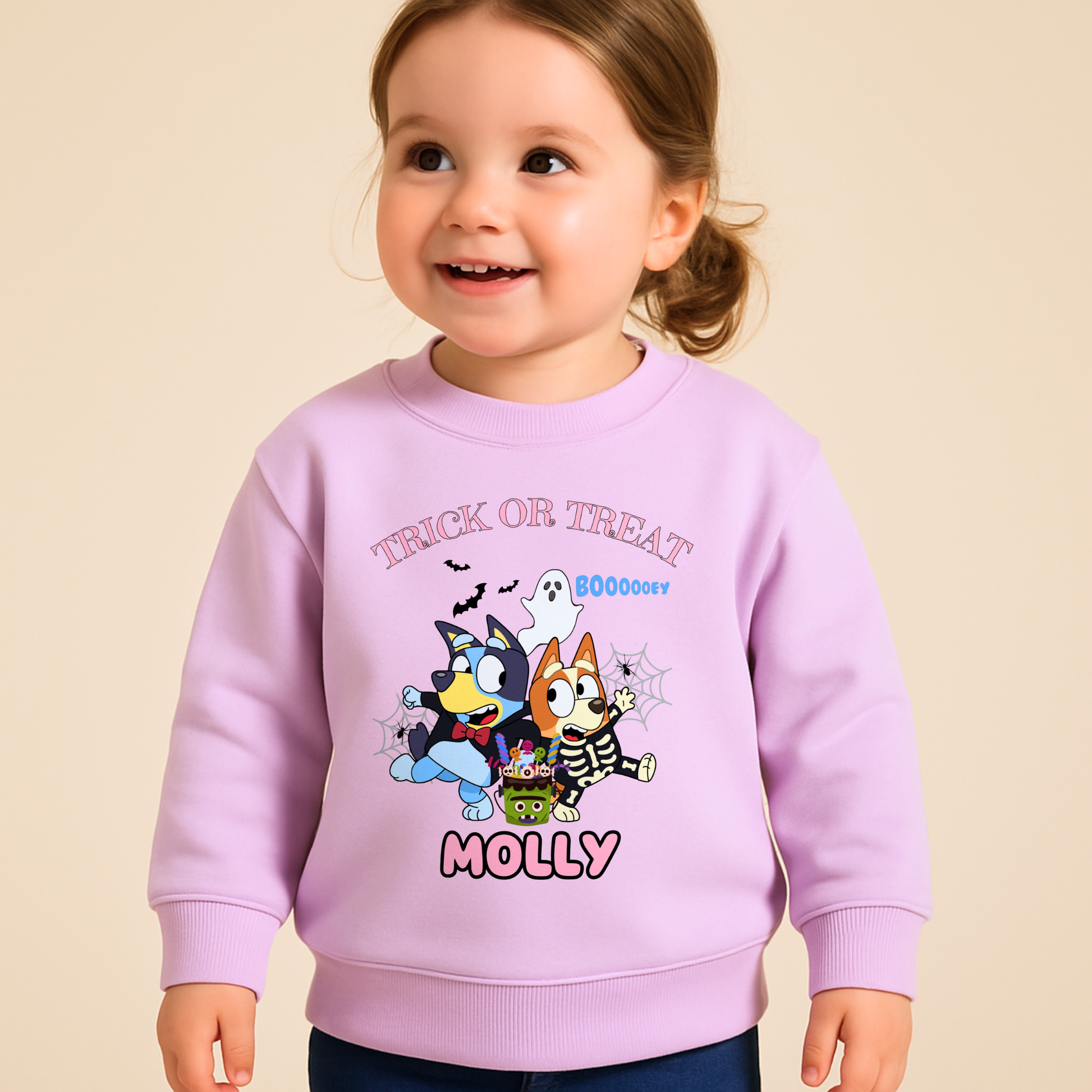 Personalised Halloween sweatshirt with Bluey and Bingo design and custom name for kids