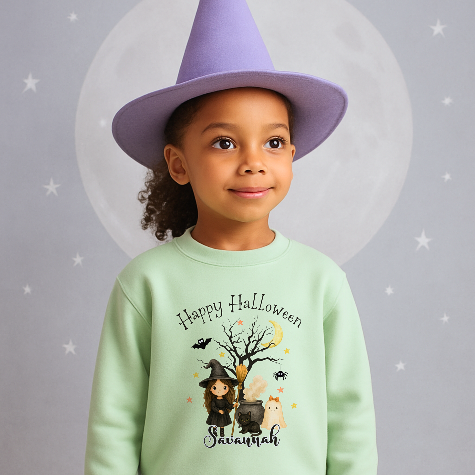 Personalised Halloween sweatshirt with cute witch design for kids, girls halloween jumper sweater with name, custom name halloween jumper