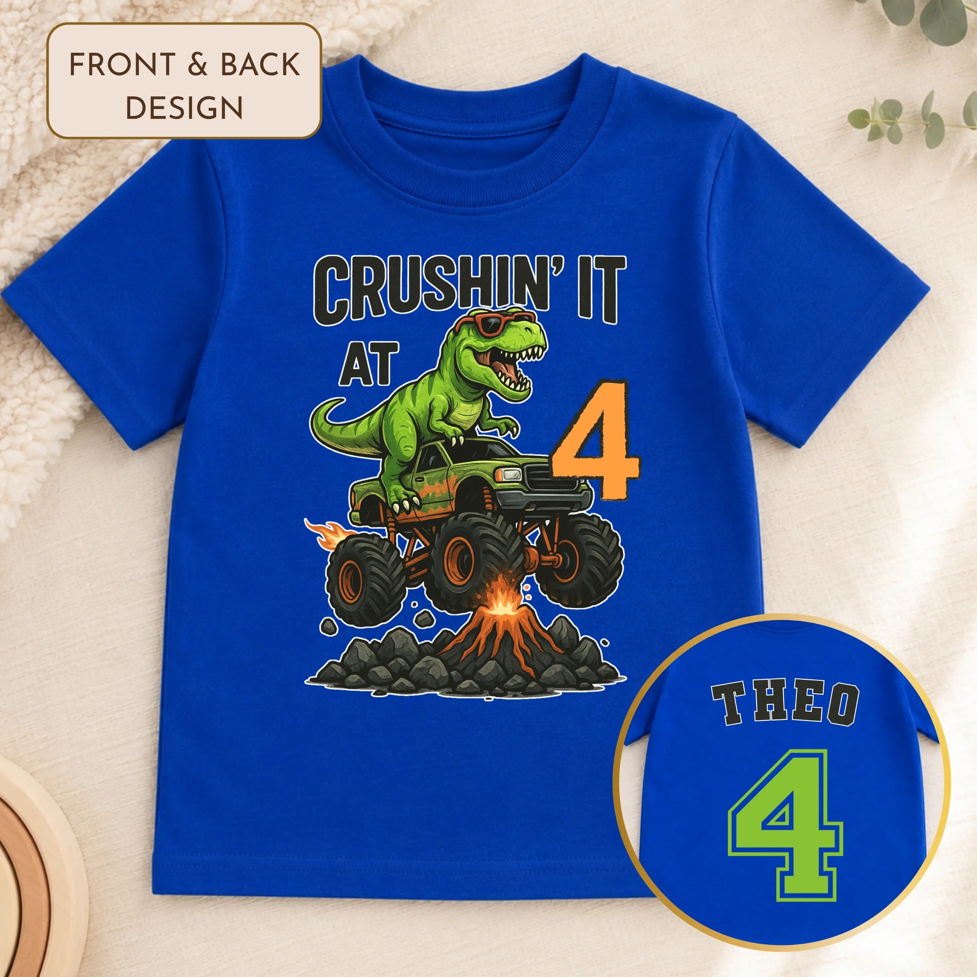 Boys Personalised Dinosaur Birthday T-Shirt with Back Print – Crushing It at Any Age AishaBaileyDesigns