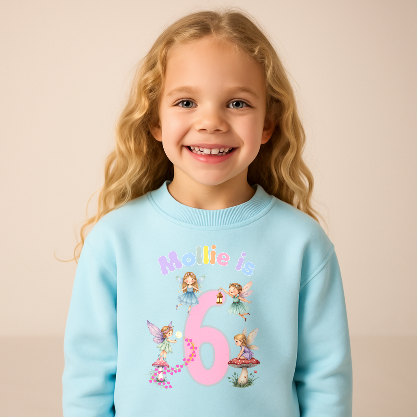 personalised fairy birthday sweatshirt for girls. Custom name & age design, perfect magical birthday outfit or gift for toddlers and children.