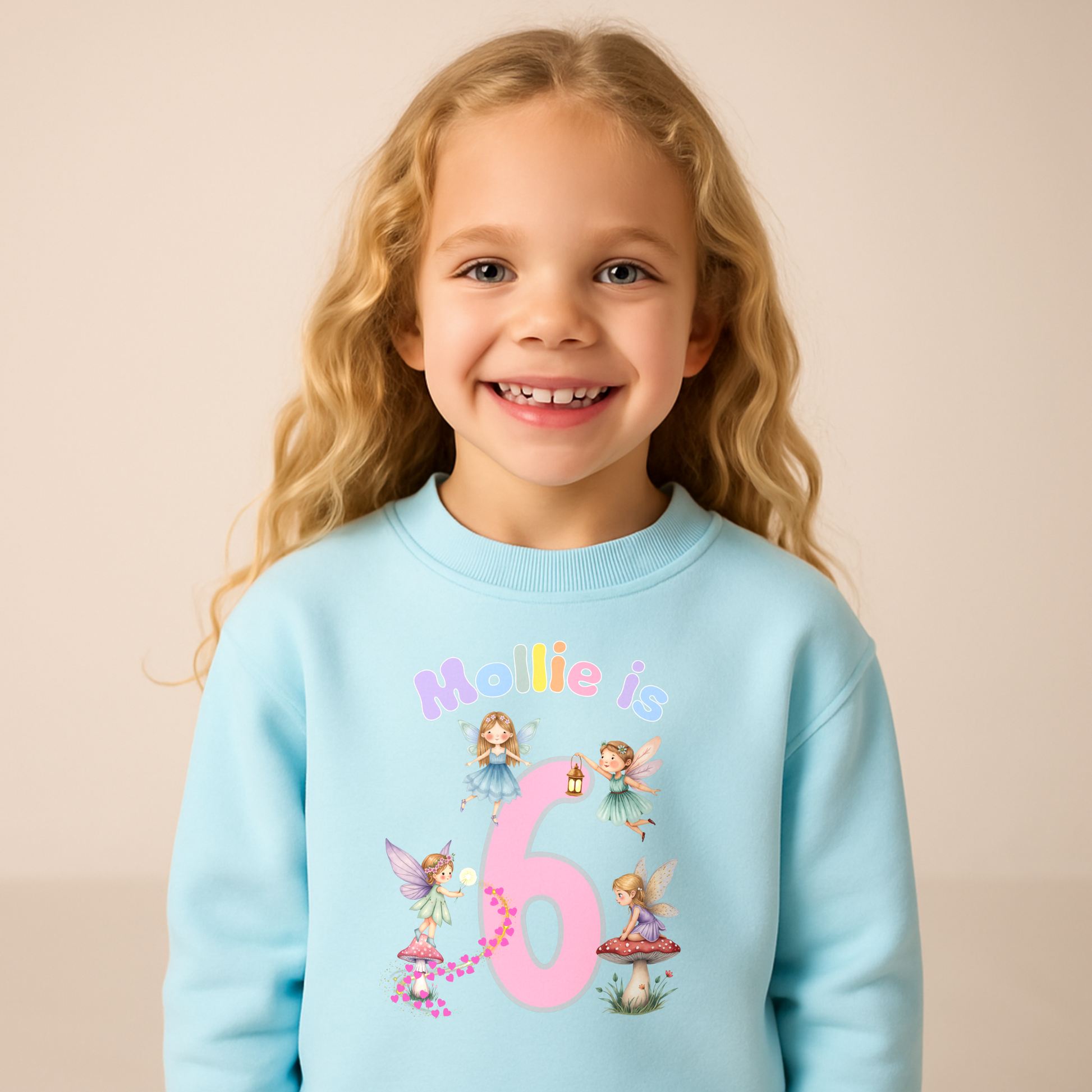 personalised fairy birthday sweatshirt for girls. Custom name & age design, perfect magical birthday outfit or gift for toddlers and children.