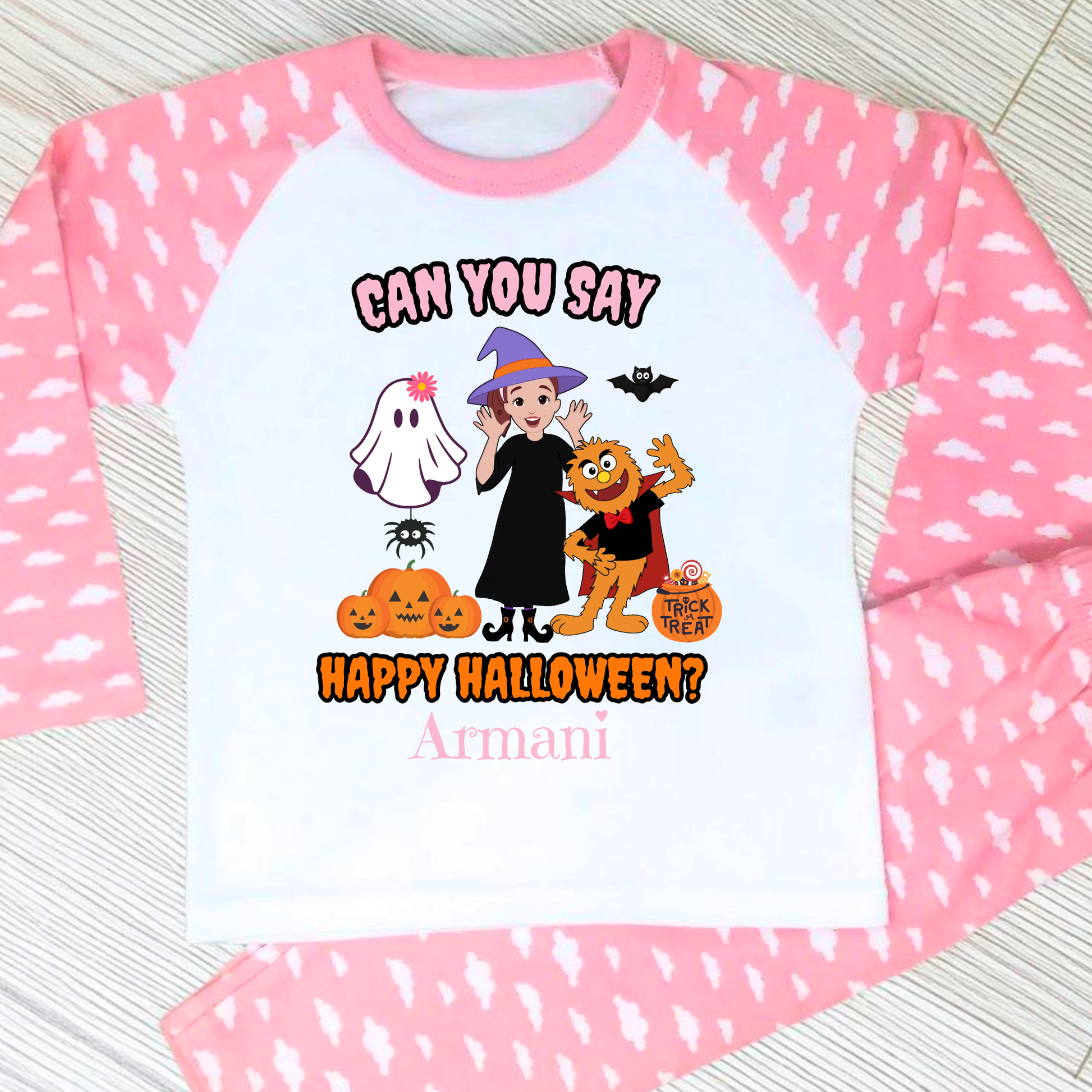 Girls personalised Ms Rachel Halloween pyjamas with “Can You Say Happy Halloween?” design and child’s name