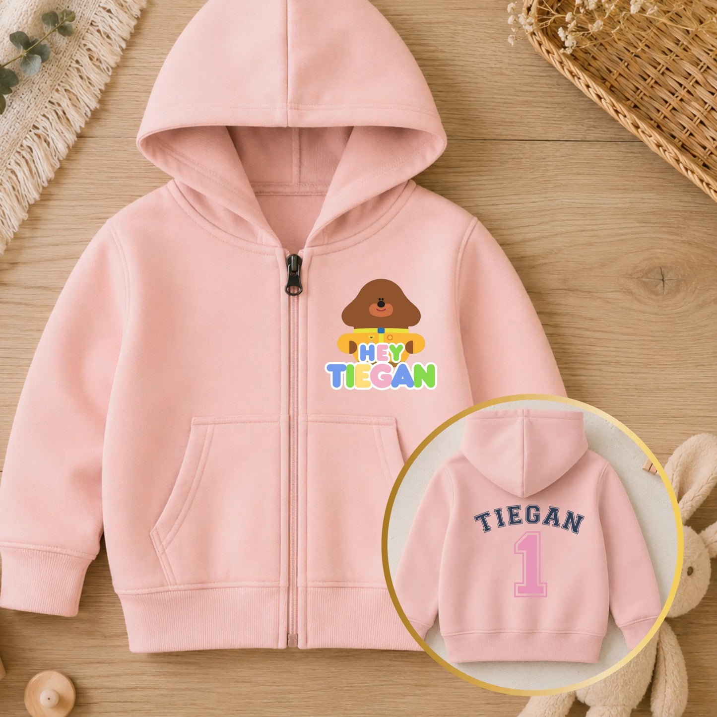 Personalised Hey Duggee Birthday Hoodie for Girls with Back Design AishaBaileyDesigns