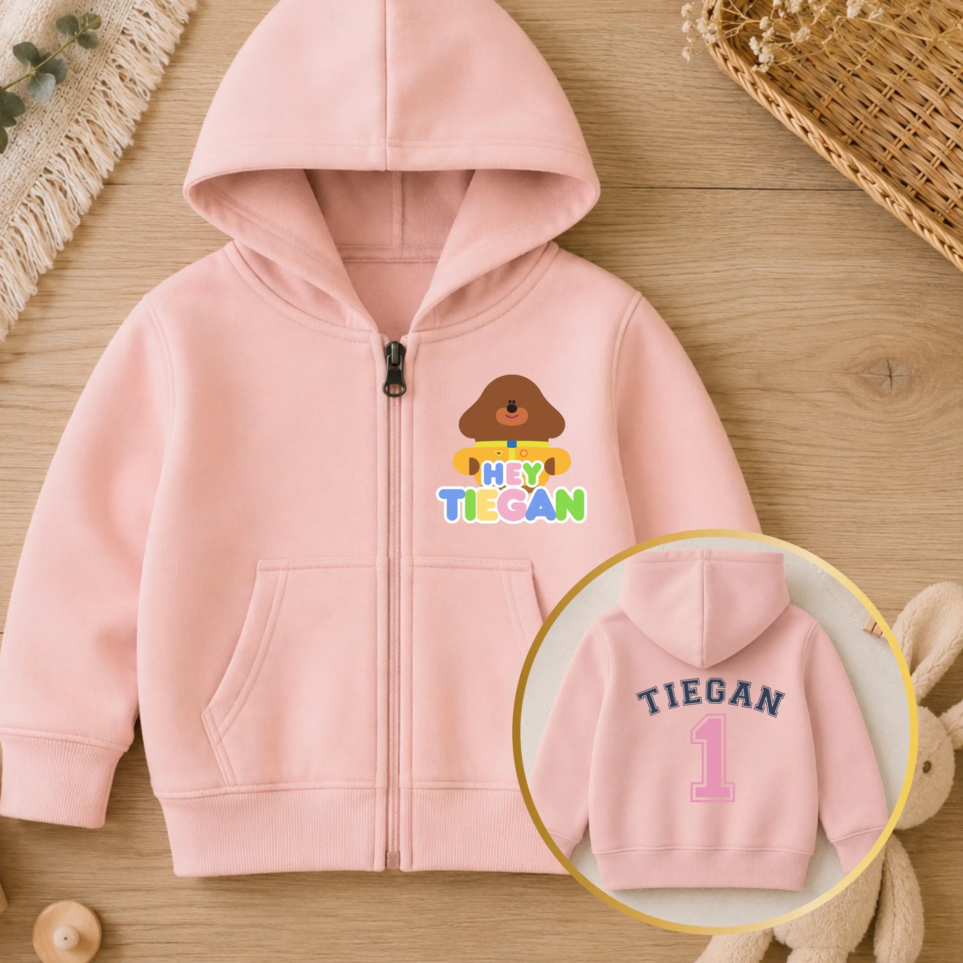Personalised Hey Duggee Birthday Hoodie for Girls with Back Design AishaBaileyDesigns