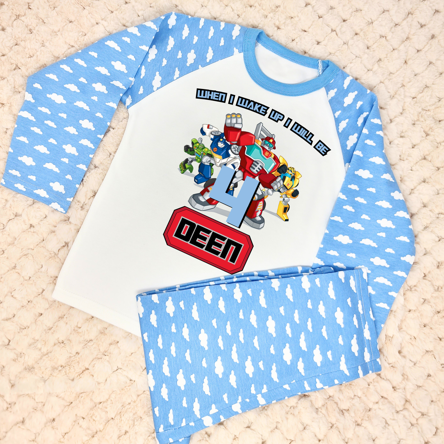 Transformers Birthday Pyjamas for Boys: Customised Transformers Birthday PJs, Rescue bots pjs, boys transformer birthday, robot birthday pjs