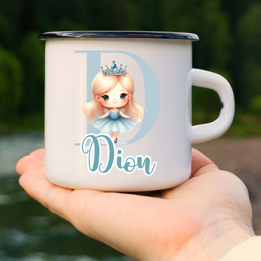 Mug with a design of a girl in a blue dress and the name 'Alice' on a white background - Princess custom mug, princess gift with name, personalised princess mug, girls custom mug