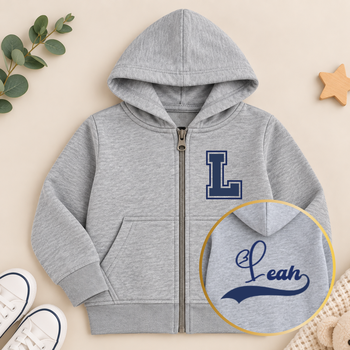 Girls Personalised Varsity Hoodie with varsity initial on front and personalised script name on back, available in multiple colours.