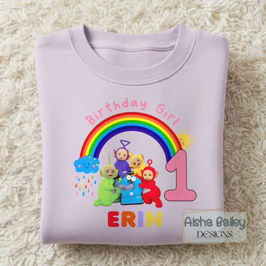 Teletubbies Birthday Sweatshirt for Girls: Personalised Teletubbies Birthday, custom name sweatshirt. Personalised 1st 2nd 3rd birthday