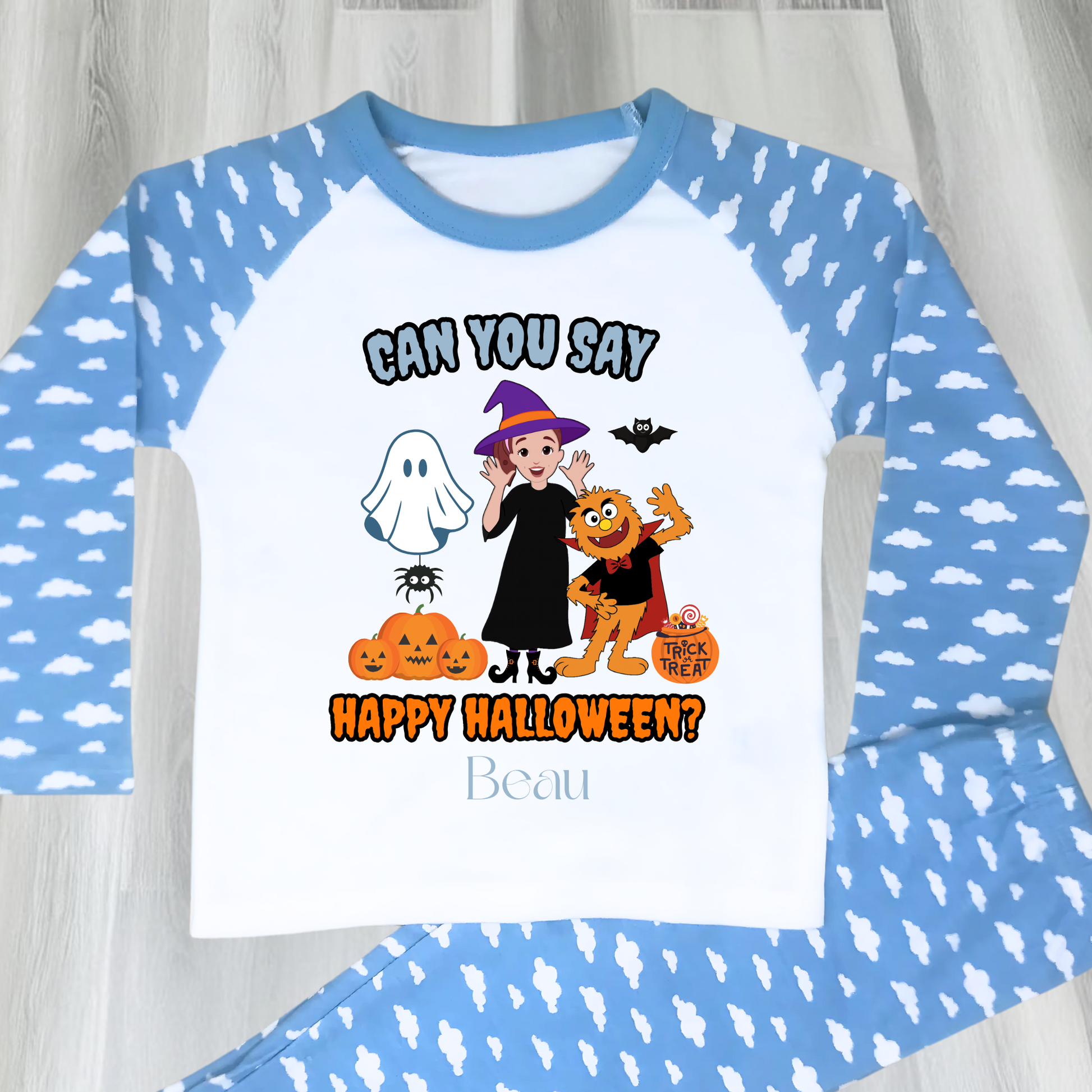 Boys personalised Ms Rachel Halloween pyjamas with “Can You Say Happy Halloween?” design and child’s name