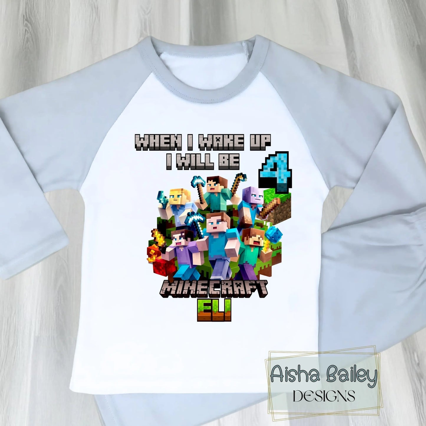  Personalised boys Minecraft birthday pyjamas with child’s name and age, featuring vibrant game-inspired design on a soft cotton pyjama set.