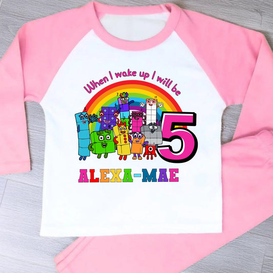 Numberblocks birthday pyjamas for girls personalised with name and age
Personalised girls birthday eve pyjamas featuring Numberblocks characters
Milestone birthday pyjama set with custom name and age