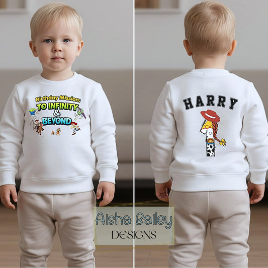 Toy Story birthday sweatshirt for boys with back name and custom name age, Buzz, woody, Jessie theme