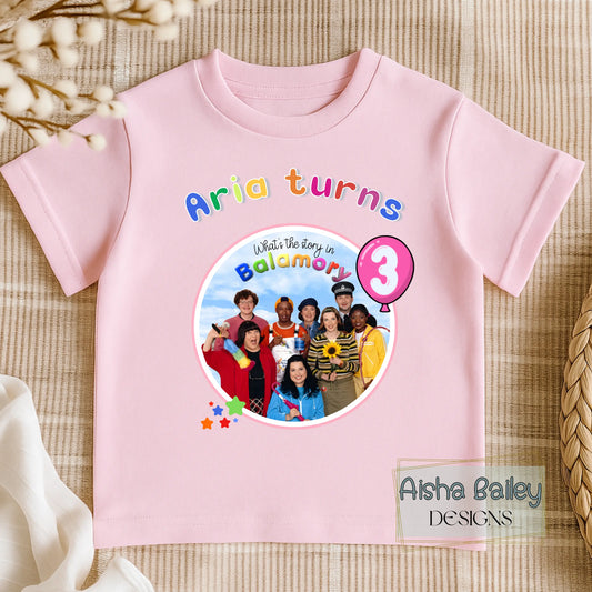 Personalised Balamory birthday t-shirt for girls with custom name and any age colourful toddler birthday shirt