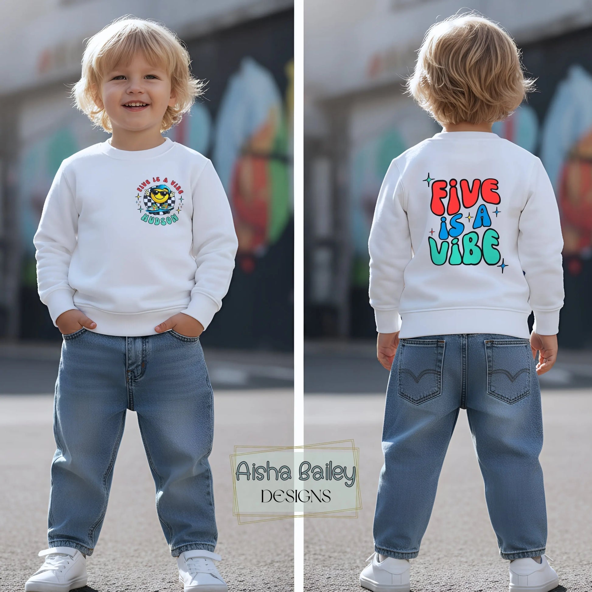 Five is a vibe birthday sweatshirt for boys with a colourful design on back. Personalised with custom name and age.Ideal for 5th birthdays
