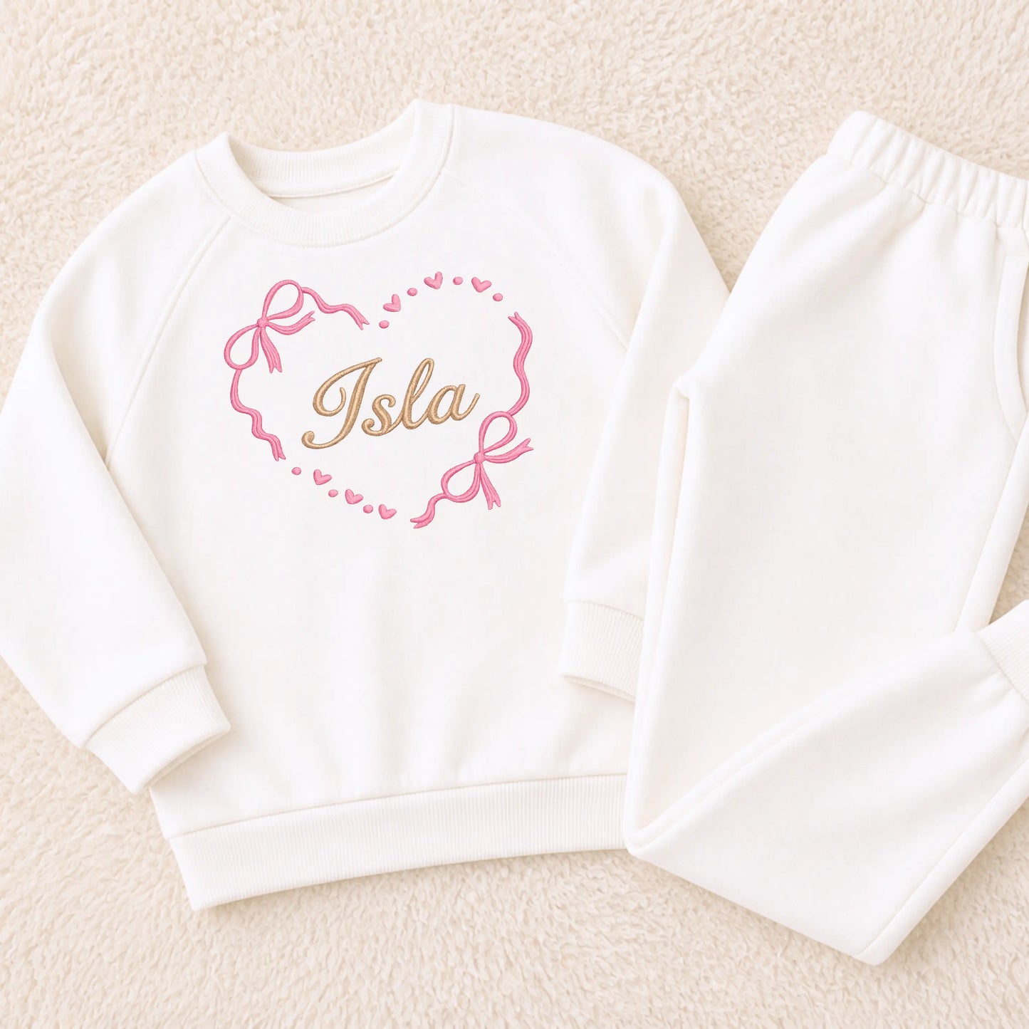 Personalised Girls Loungewear Set Embroidered - Name Heart Bow Tracksuit for Everyday Wear AishaBaileyDesigns