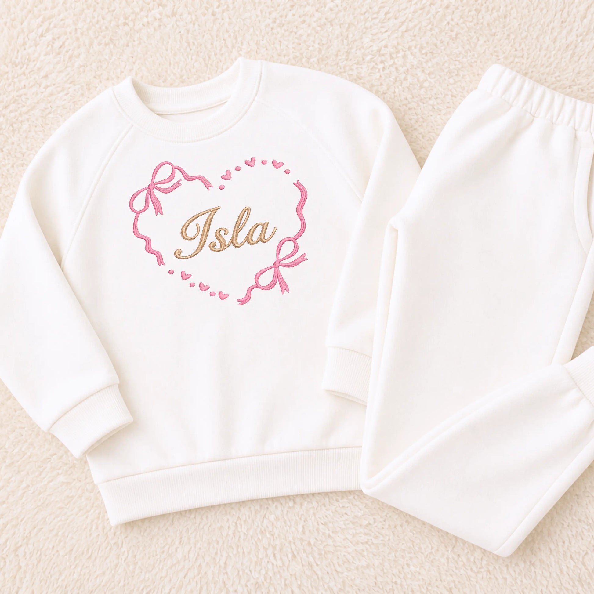 Personalised Girls Loungewear Set Embroidered - Name Heart Bow Tracksuit for Everyday Wear AishaBaileyDesigns
