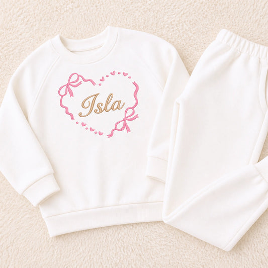 Personalised Girls Loungewear Set Embroidered - Name Heart Bow Tracksuit for Everyday Wear AishaBaileyDesigns