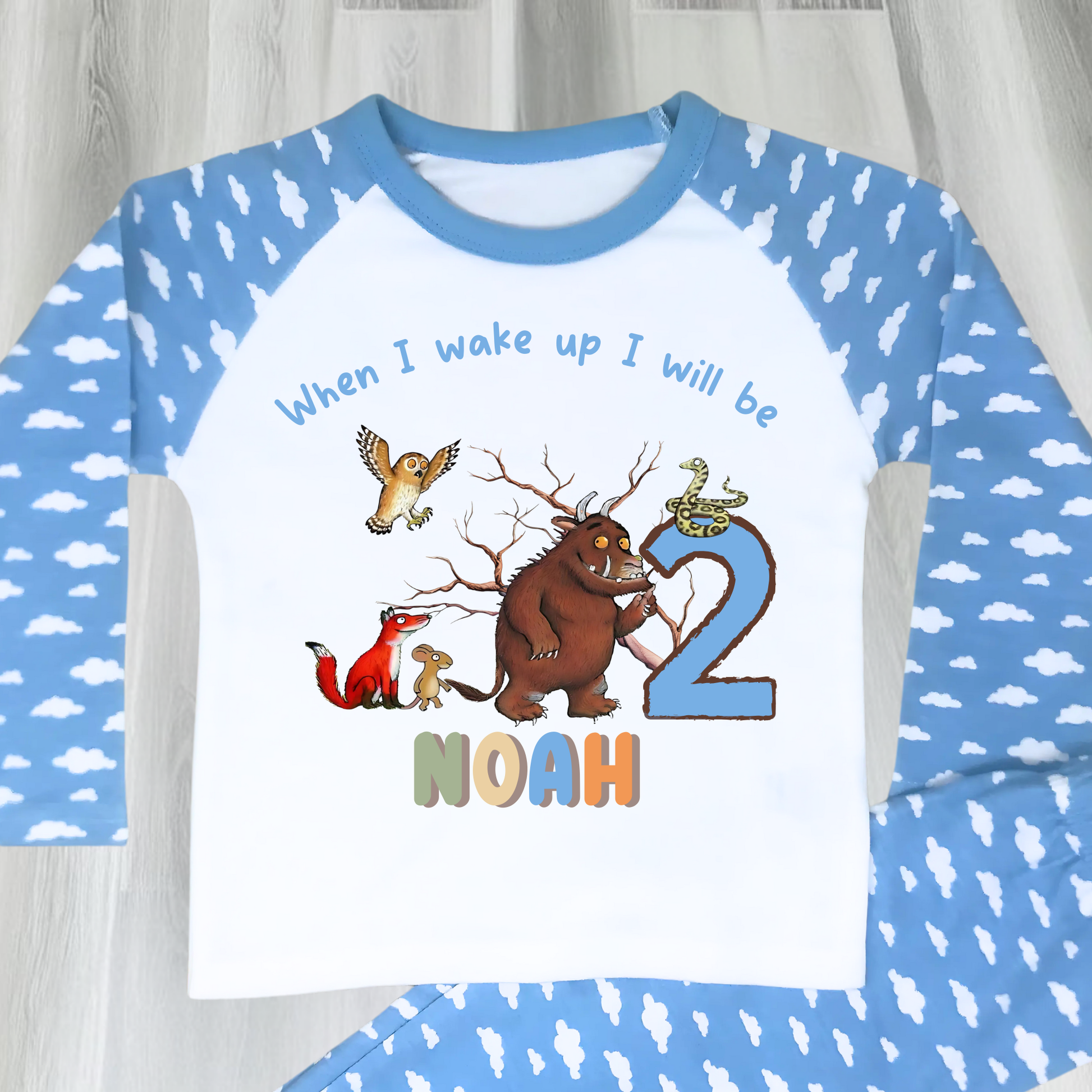 Personalised Gruffalo birthday pyjamas for boys with custom name and age
