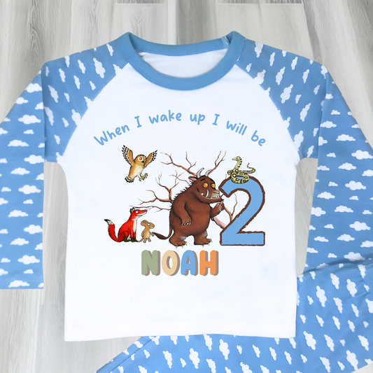 Personalised Gruffalo birthday pyjamas for boys with custom name and age