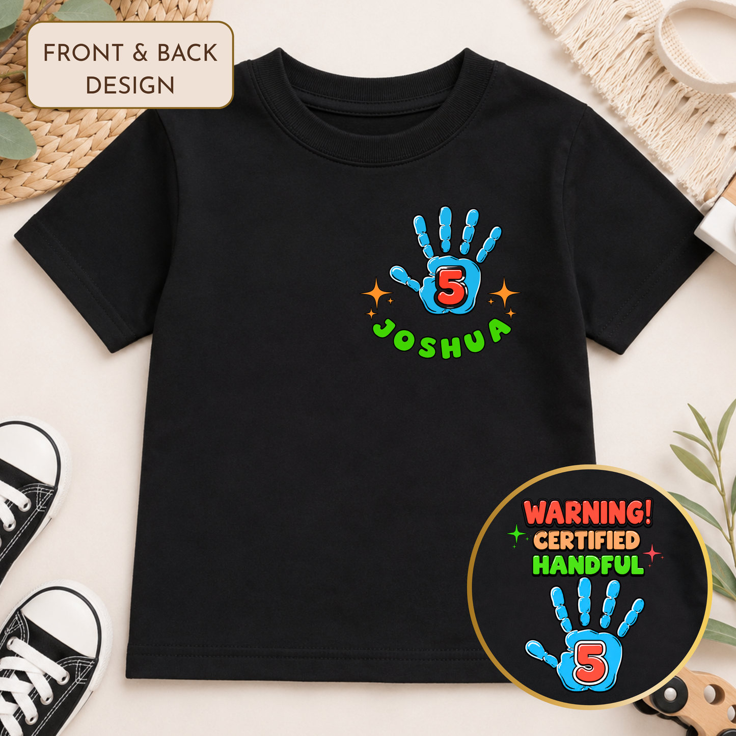 Personalised 5th Birthday T-shirt: Warning! Certified Handful Tee for Boys