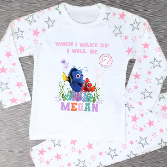 Nemo and Dory birthday pyjamas personalised with under the sea theme for girls
