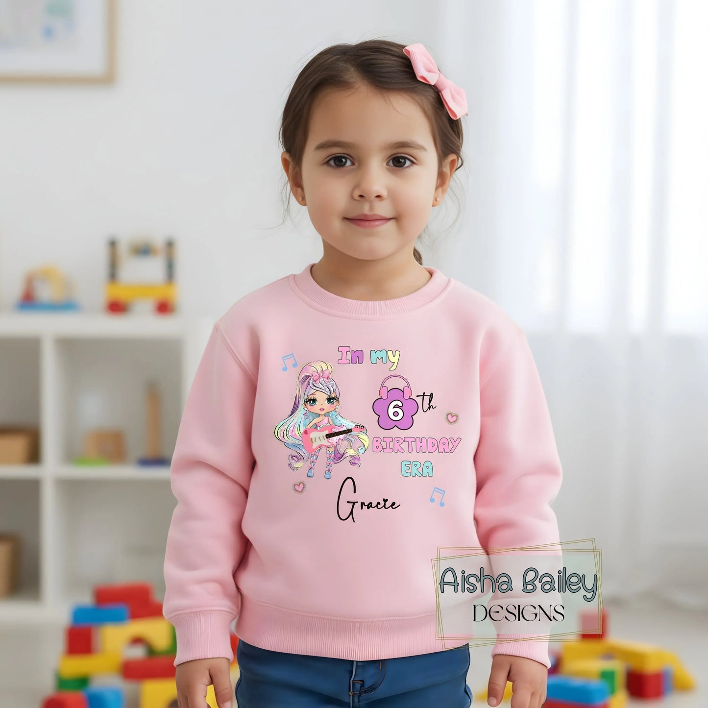Personalised Girls Birthday Sweatshirt:  In My Birthday Era glitter-effect doll birthday sweatshirt with custom name and age, girls cosy birthday jumper no real glitter