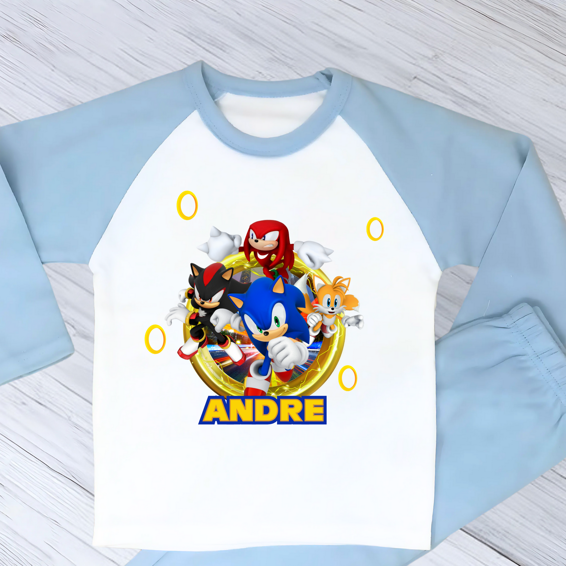 Sonic personalised pyjamas, sonic custom pajamas, gamers pjs with name, boys custom sonic pjs