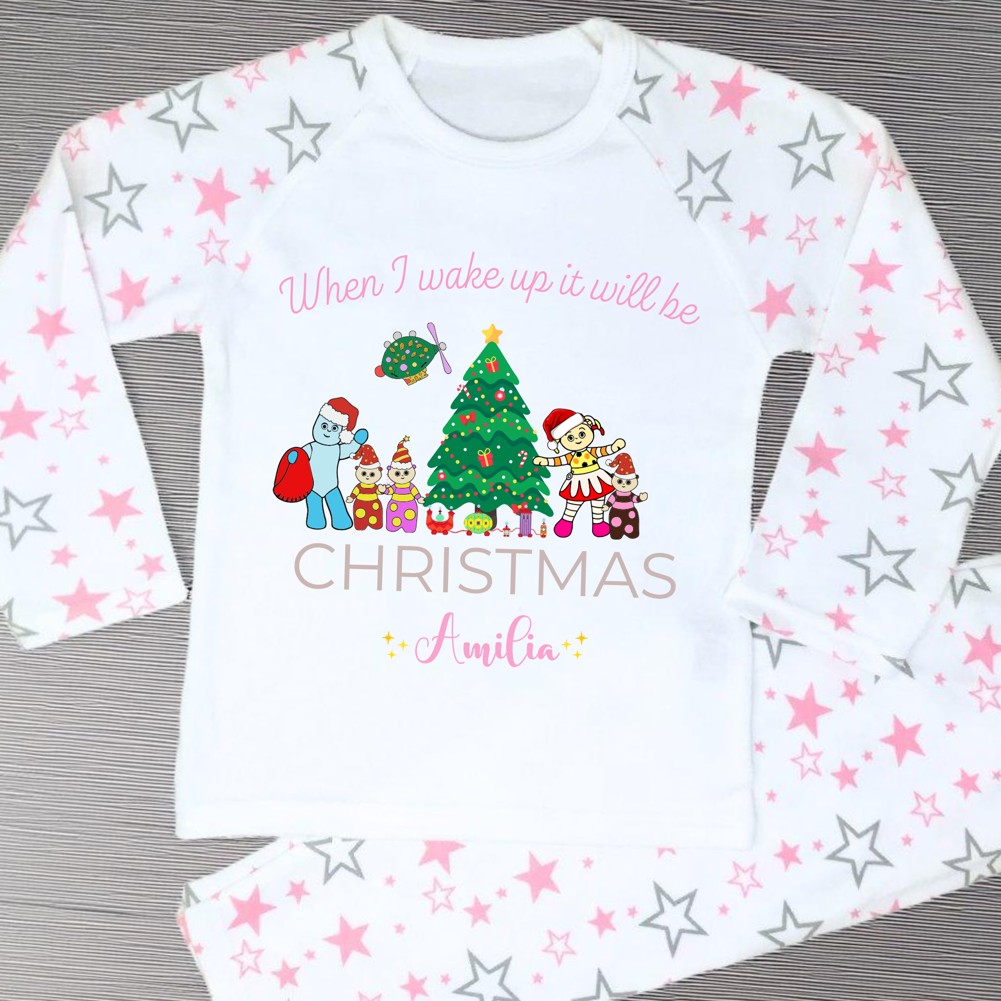 Personalised In the Night Garden Christmas pyjamas for girls with festive characters and custom name design