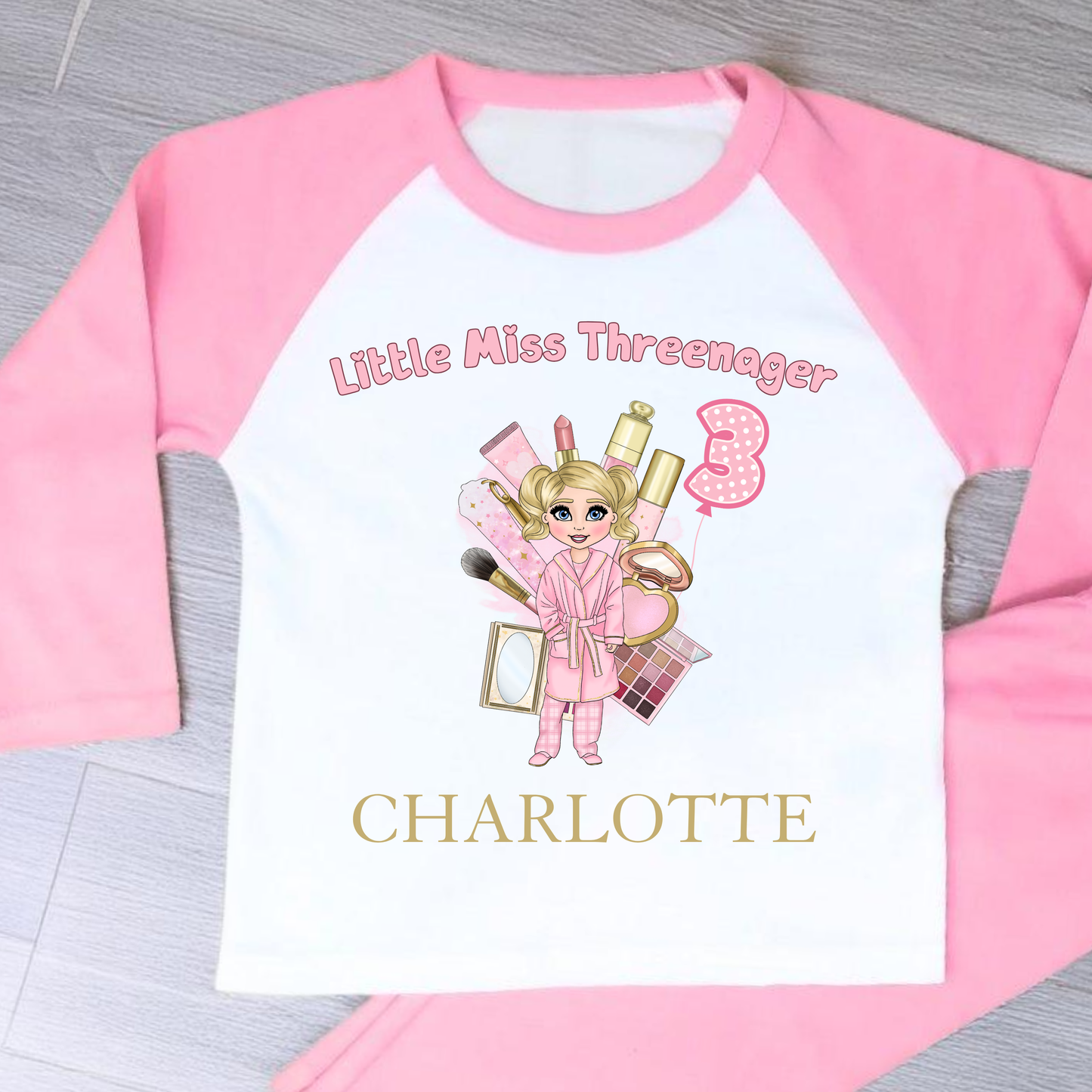 Personalised Threenager Birthday Pyjamas for Girls | Custom Makeup Dolly PJs - 3rd Birthday PJs AishaBaileyDesigns