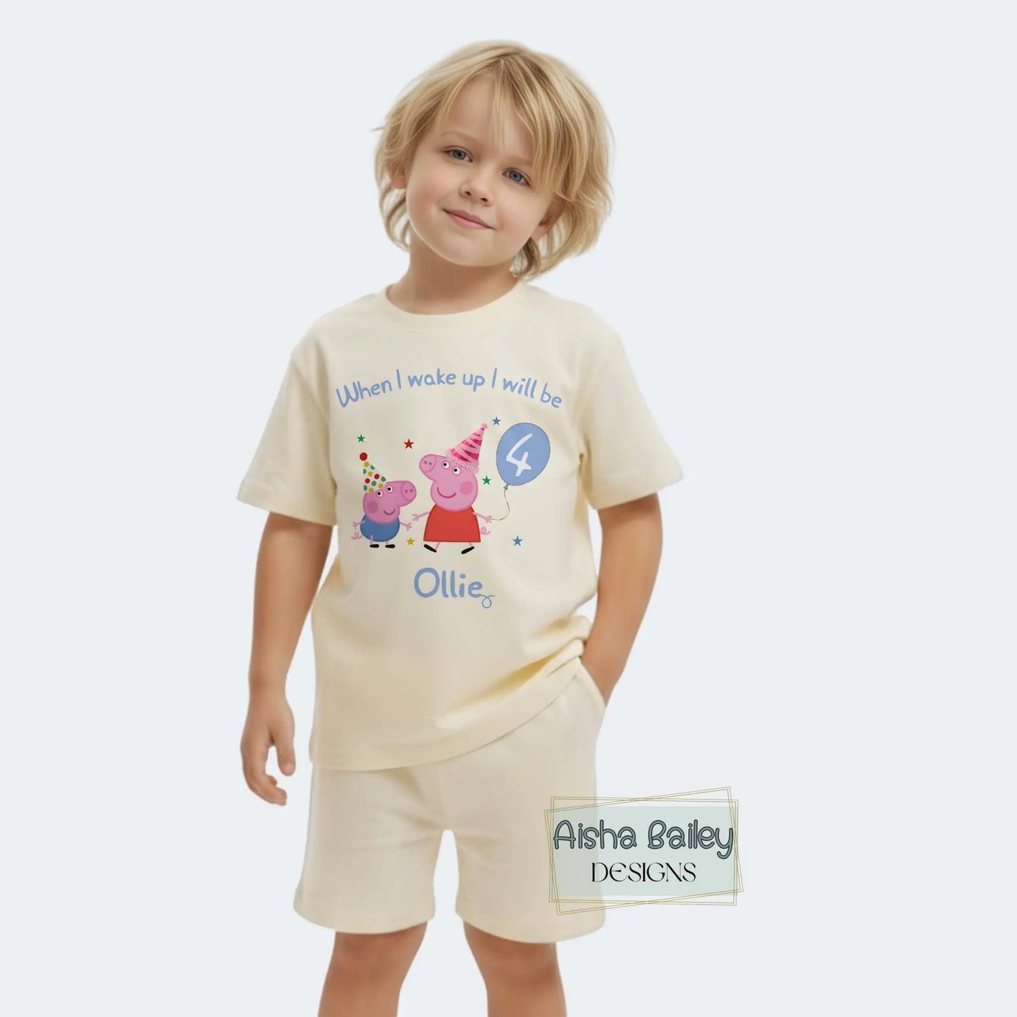 Personalised Peppa and George Pig Birthday Pyjamas for Boys with custom name and age, featuring birthday number  on white short set