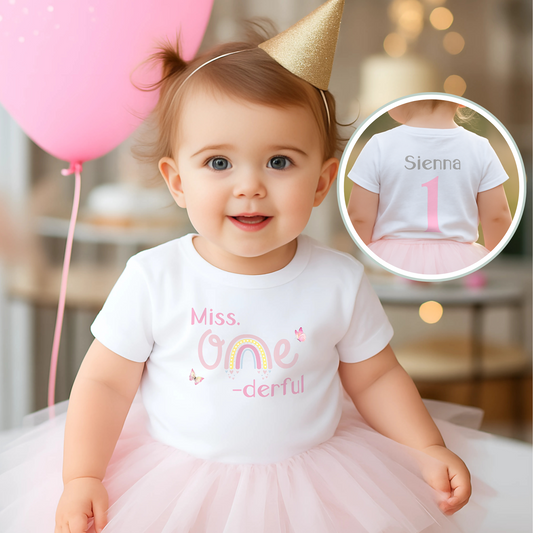 personalised 1st birthday t-shirt, toddler first birthday, birthday girl shirt, miss one-derful, boho rainbow, personalised 1st