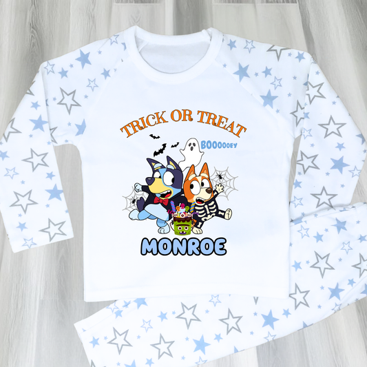 Boys personalised Bluey and Bingo Halloween pyjamas with name print and cute spooky design