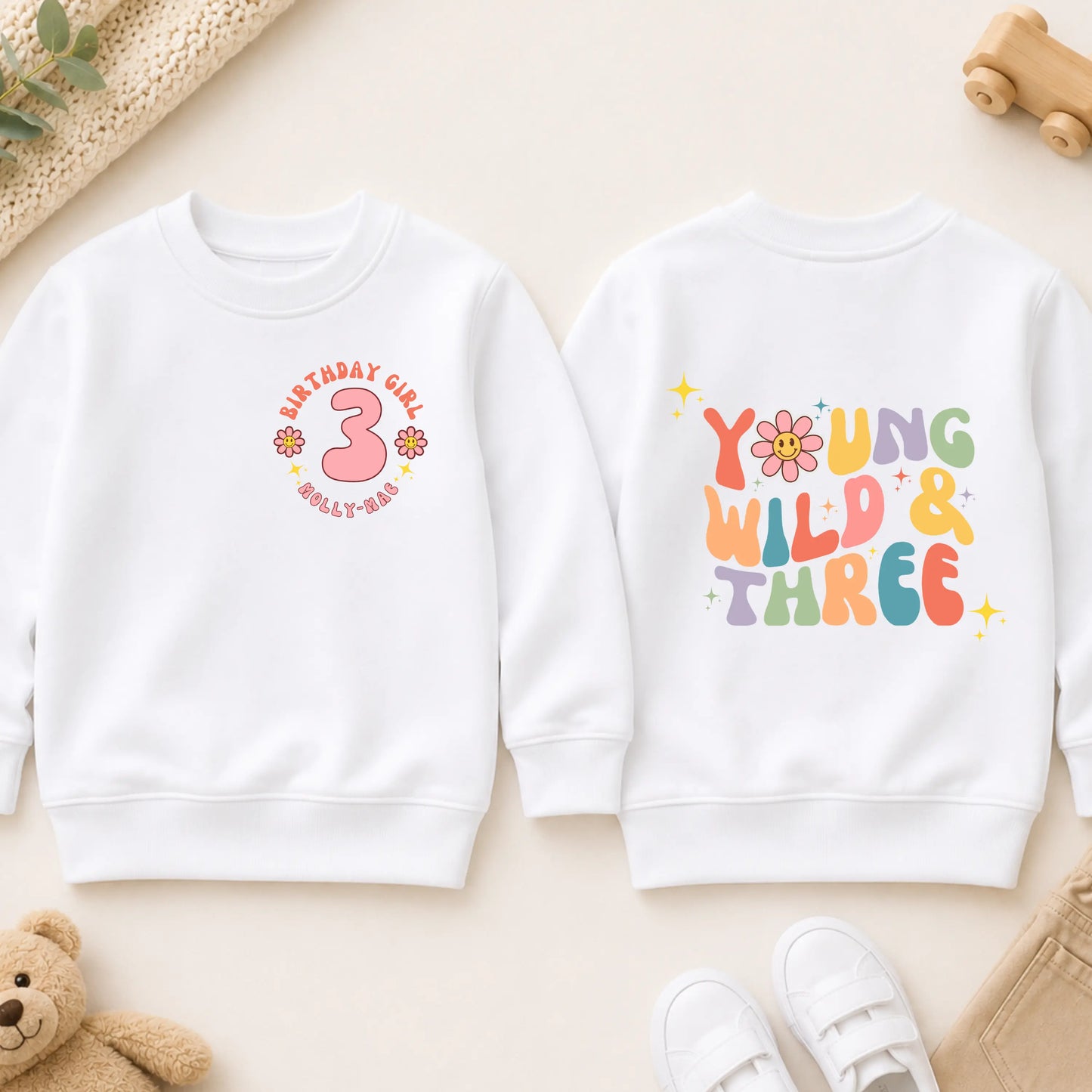 Personalised Girls Young Wild and Three Birthday Sweatshirt with a Groovy Retro Vibe - 3rd Birthday Jumper AishaBaileyDesigns
