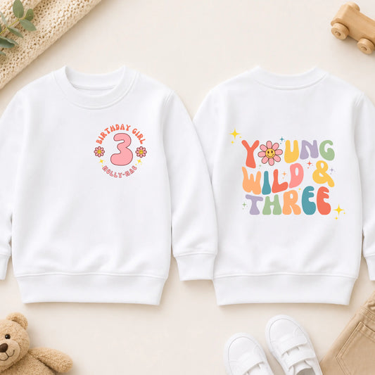 Personalised Girls Young Wild and Three Birthday Sweatshirt with a Groovy Retro Vibe - 3rd Birthday Jumper AishaBaileyDesigns