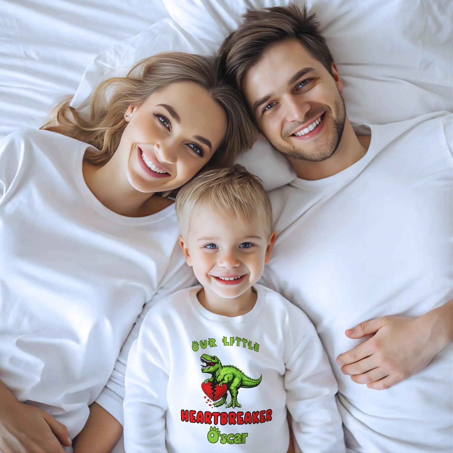 Boys Valentines Day Sweatshirt with a dinosaur and custom name. Gift for boys for Valentines Day