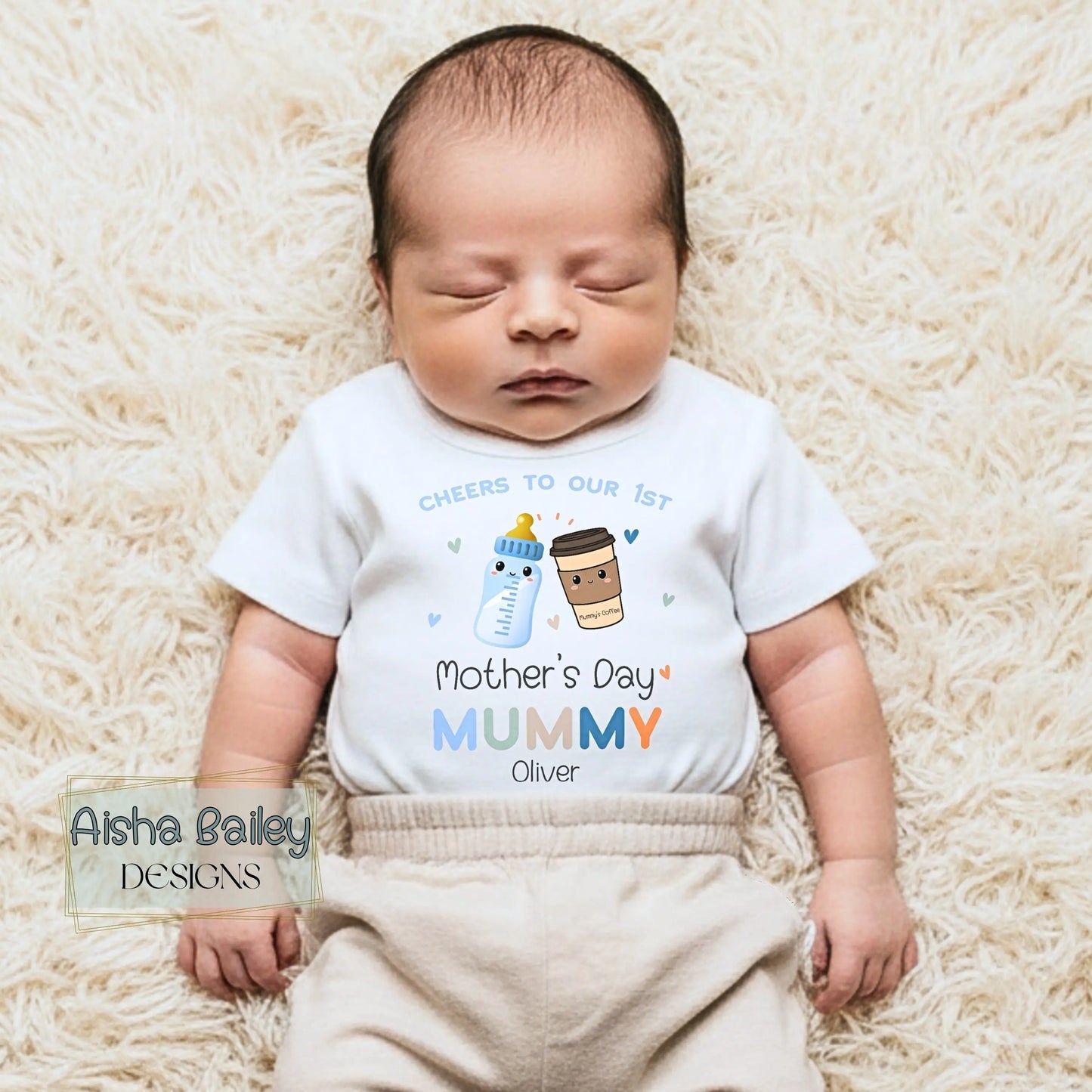 Personalised First Mothers Day baby boy sleepsuit with mummy and baby drink toast design, custom name Mother’s Day outfit keepsake gift