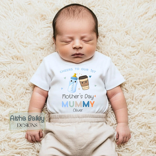 Personalised First Mothers Day baby boy sleepsuit with mummy and baby drink toast design, custom name Mother’s Day outfit keepsake gift