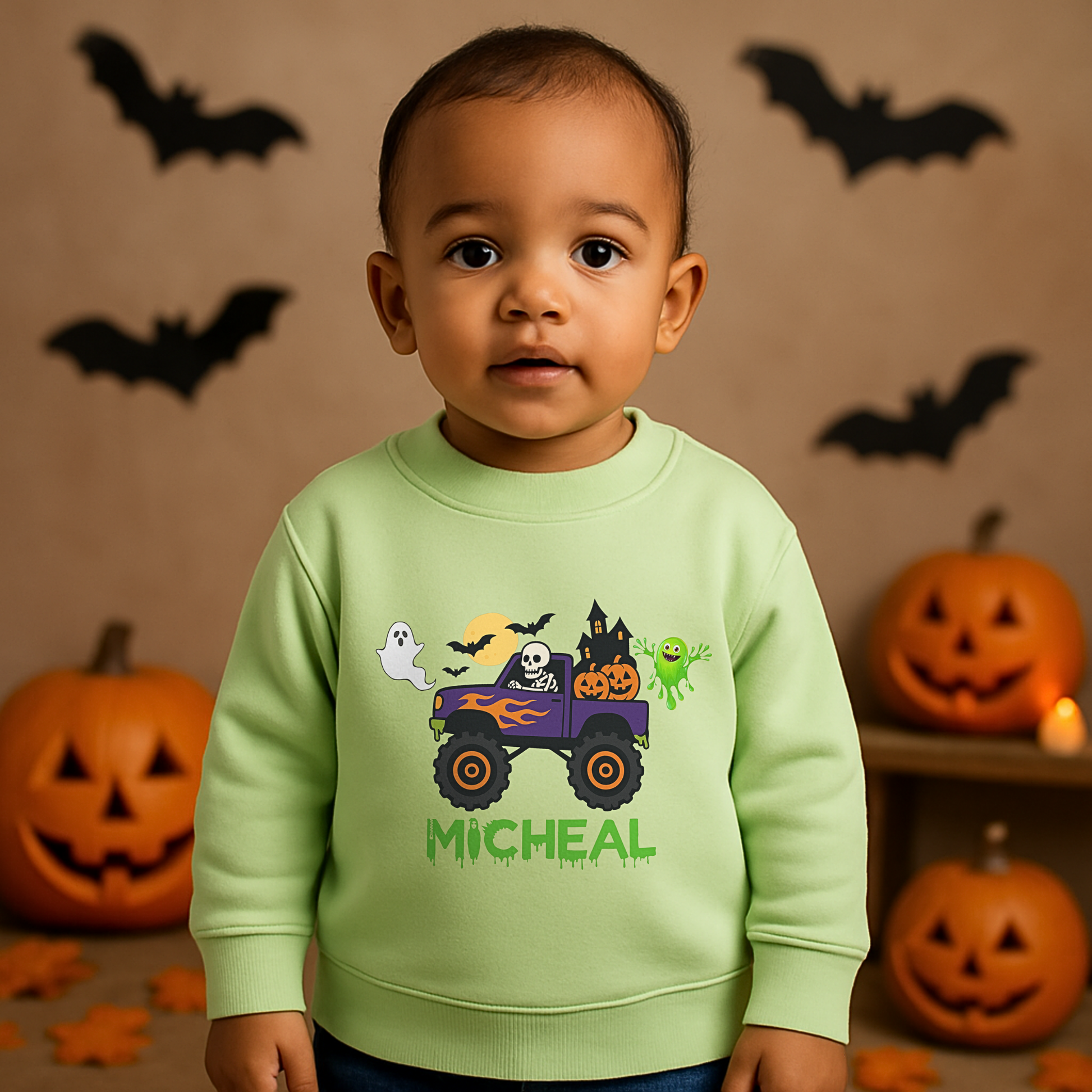 Personalised Halloween Sweatshirt, Halloween Monster Truck Sweatshirt with ghost, pumpkins, and personalized name for kids