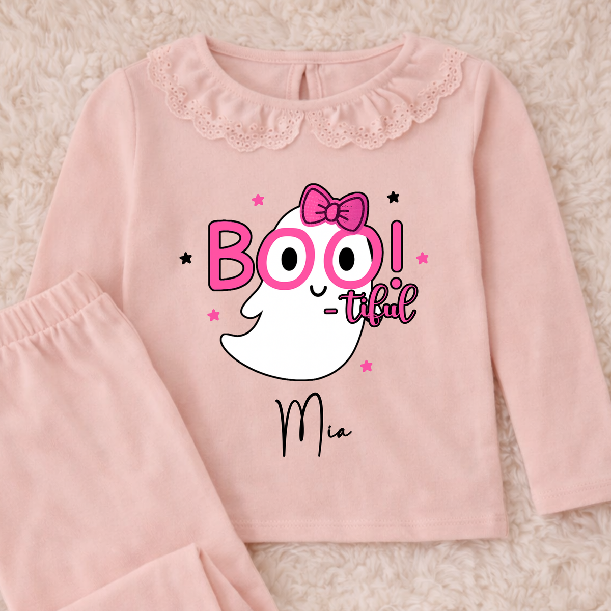 Personalised Halloween pyjamas for girls with pink Boo-tiful ghost design, custom name and white frill collar, cute kids Halloween nightwear.