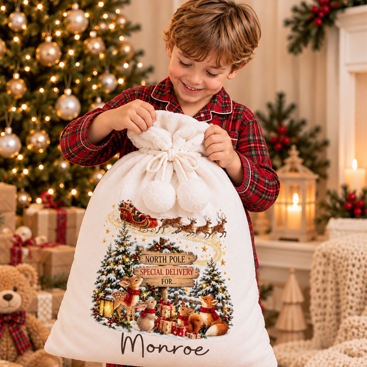 Personalised Christmas Stocking and Santa Sack featuring Santa's sleigh, woodland animals, snowy trees and North Pole wooden sign with child's name.