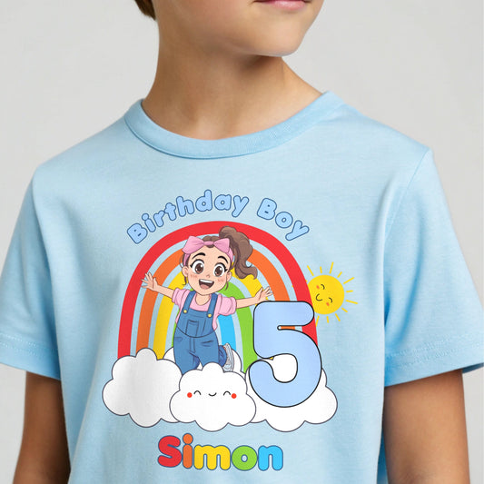 Ms Rachel birthday boy t-shirt: Personalised Ms Rachel birthday boy t-shirt with rainbow, number and name