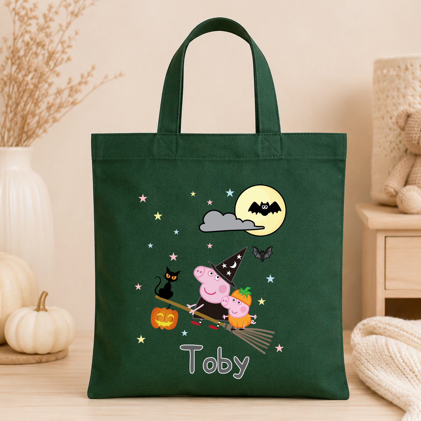 Kids Personalised Halloween Trick or Treat Bag with Peppa Pig witch design, personalised name, bats, moon and pumpkin