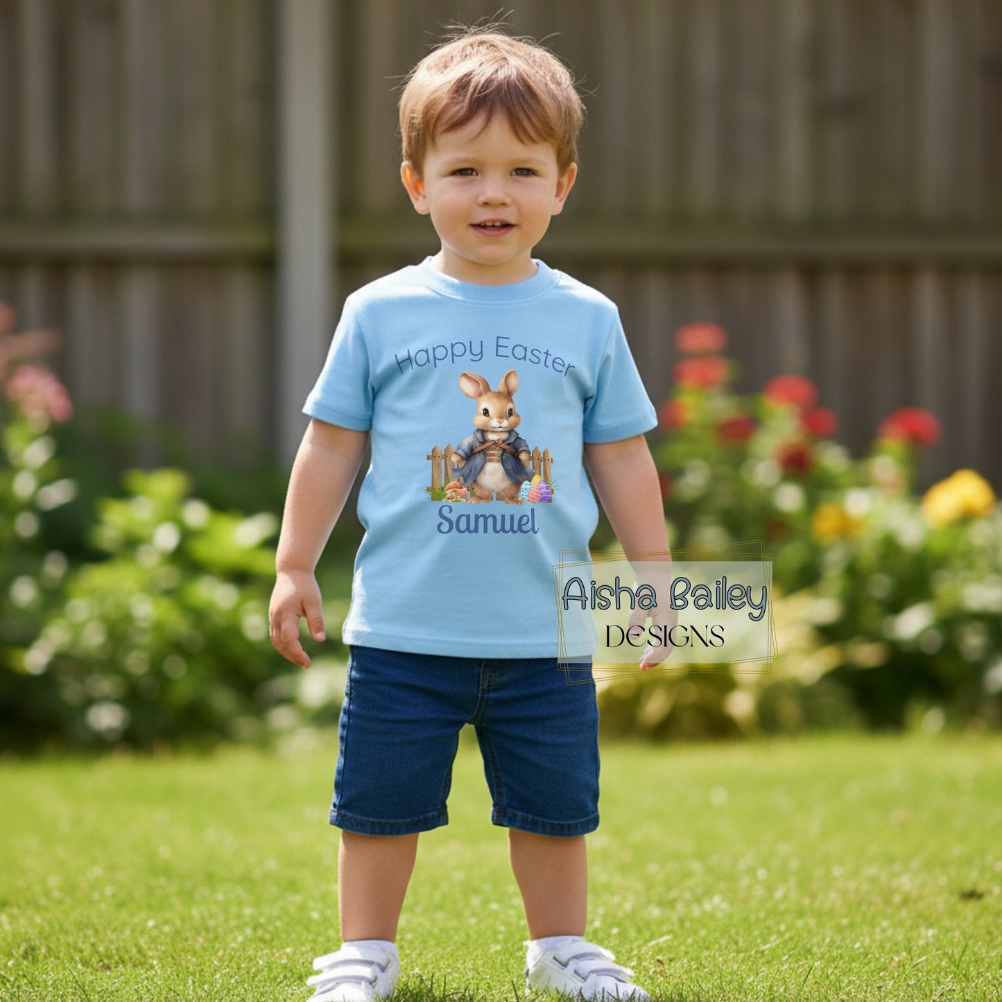 Personalised Easter top for boys with white rabbit bunny design and custom name, available as sweatshirt or t-shirt