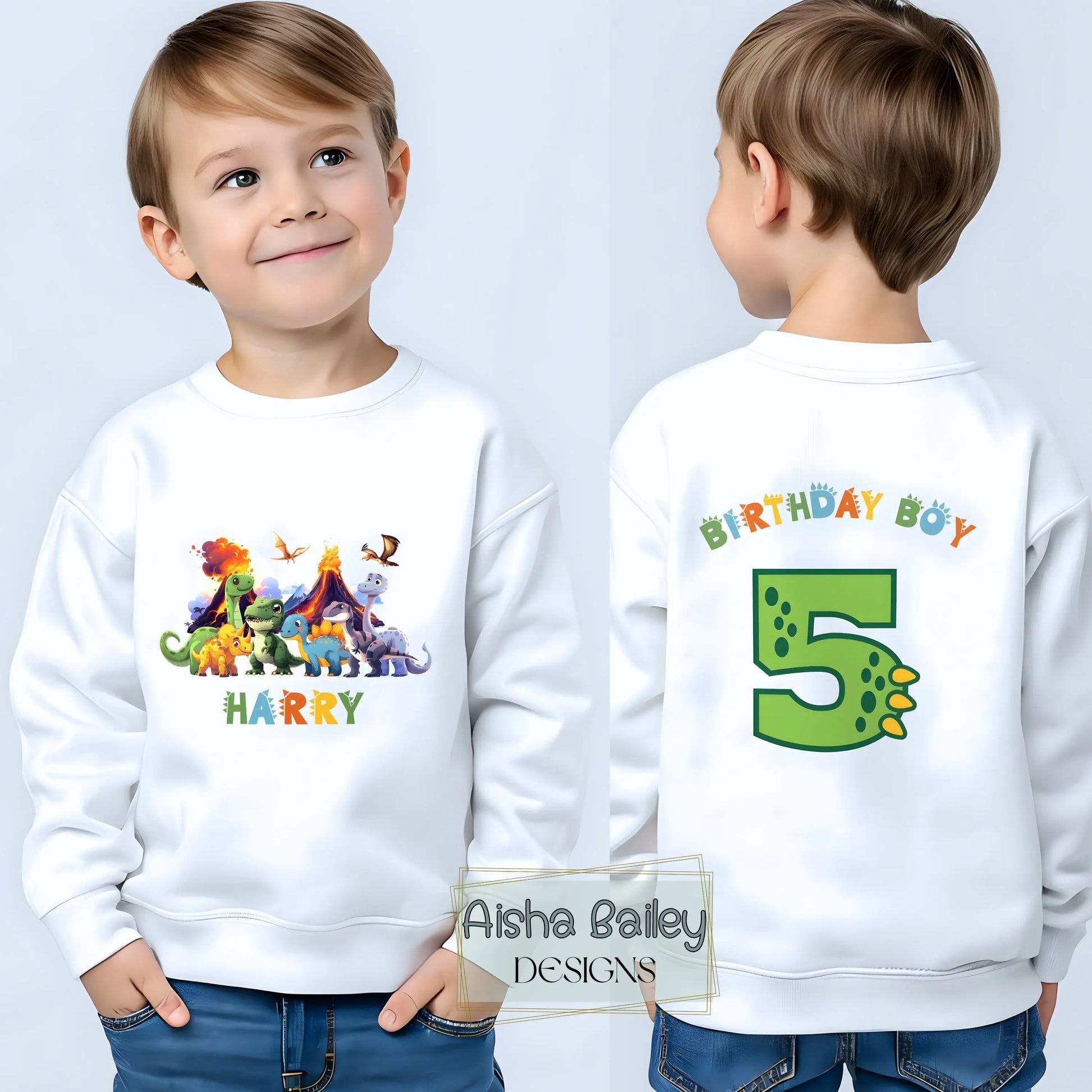 Dinosaur birthday sweatshirt for boys with personalised name and age, colourful dinosaur design and Birthday Boy print, cosy jumper for kids birthday party outfit