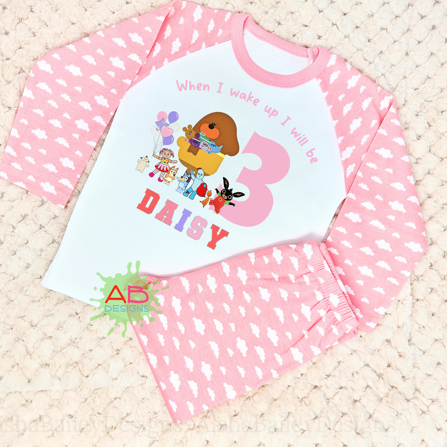 Cbeebies Birthday pyjamas, Girls personnalised birthday pyjamas, girls personalised cbeebie character birthday pyjamas