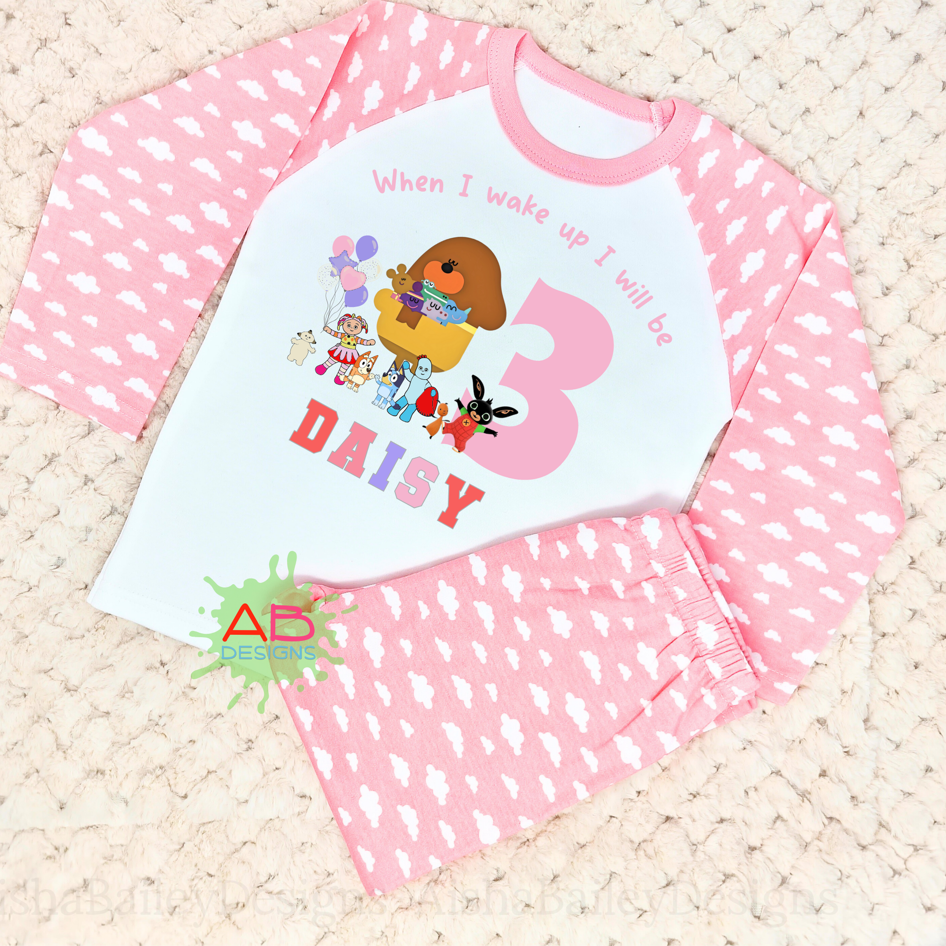 Cbeebies Birthday pyjamas, Girls personnalised birthday pyjamas, girls personalised cbeebie character birthday pyjamas